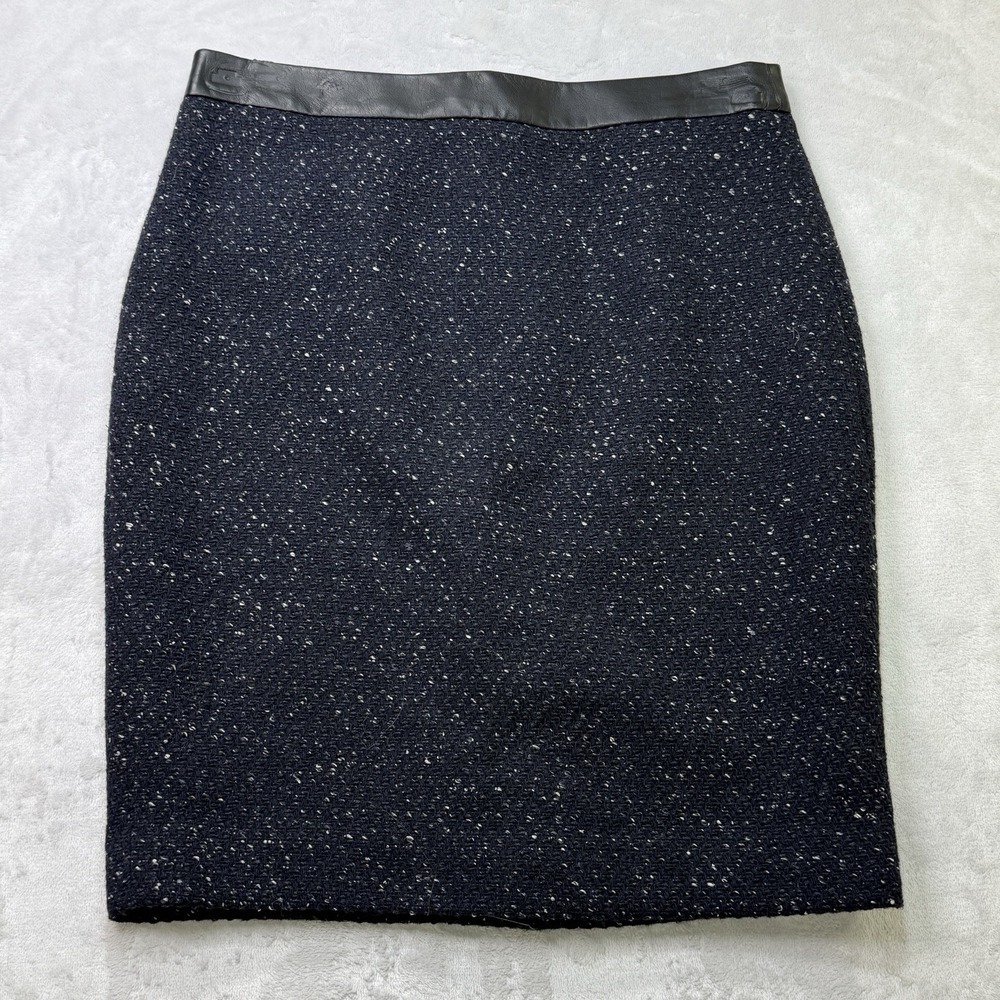 Ann Taylor Petite Tweed Pencil Skirt Leather Waistband Wool Blend‎ 4P NWOT